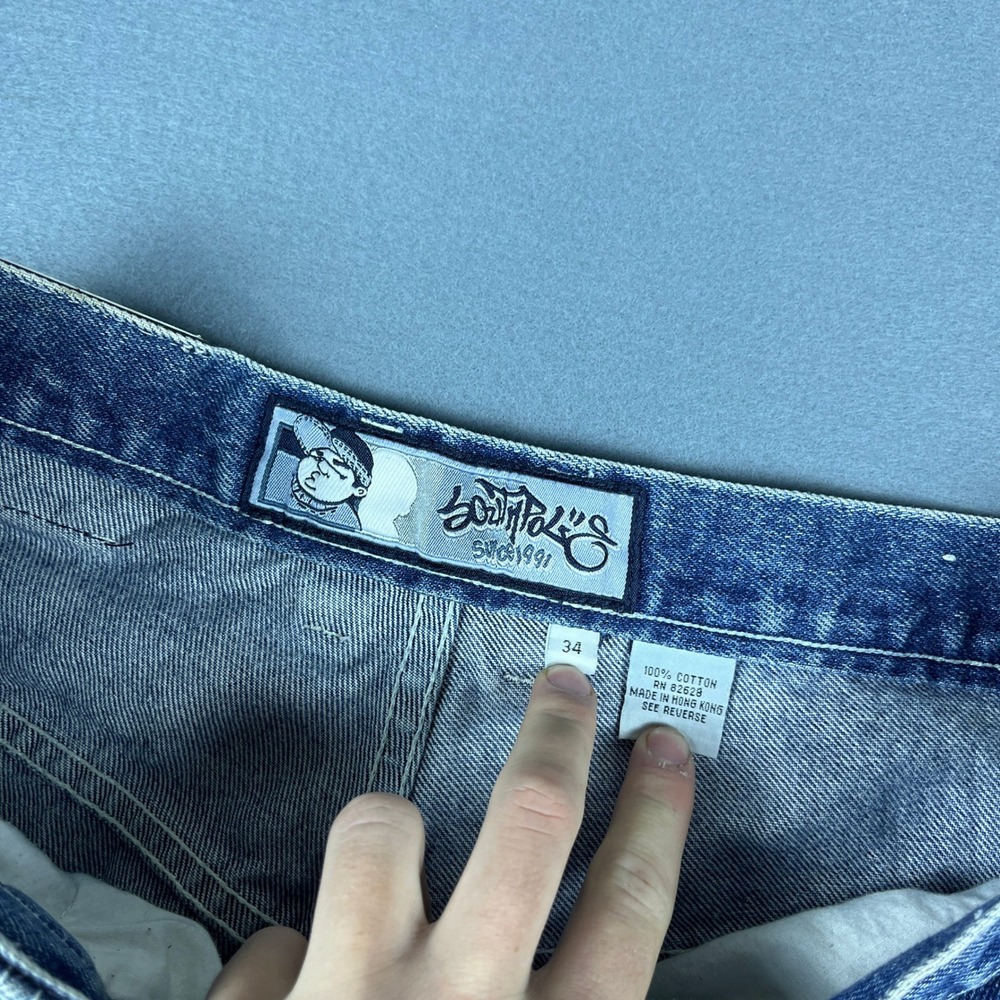 Southpole Mens Vintage Baggy Carpenter Denim Shorts Blue Embroidered Size 34 - Picture 7 of 10